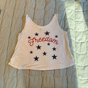 White Tank Top with Red 'Freedom' and Black Stars